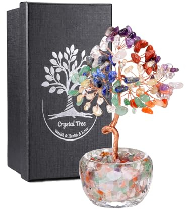 JSDDE Décoration Arbre de Vie en Pierre Naturelle d'Énergie,Base Verre coloré Rond Feng Shui l'arbre de l'argent,Cristal Guérison Méditation Reiki Table Décor Hauteur 13 à 14CM (7 Chakra)