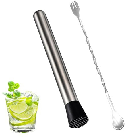 CLKE Stainless Steel Cocktail Muddler, 10 inch Stainless Steel Drink Muddler with 1 Bar Spoon, Professional Cocktail Making Set for Mojitos, Margarita, and More, Durable Bar Tool Set