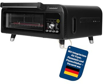 Genius Chef - Forno elettrico per pizza 10 in 1, 8 pezzi, 400°C, 2000 Watt, aria condizionata, bistecchiera, pietra per pizza e pala per pizza inclusi, 4 modalità, mantiene caldo con 3 vetri