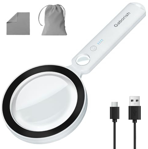 GABORISH Große Lupe mit Licht USB Aufladbar, 10X 30X Leselupe mit Licht für Senioren Groß, 36 LED & 5 Lichtmodi Vergrößerungsglas, Glaslinse Handlupe für Lesen, Inspektion (Schwarz & Weiß)