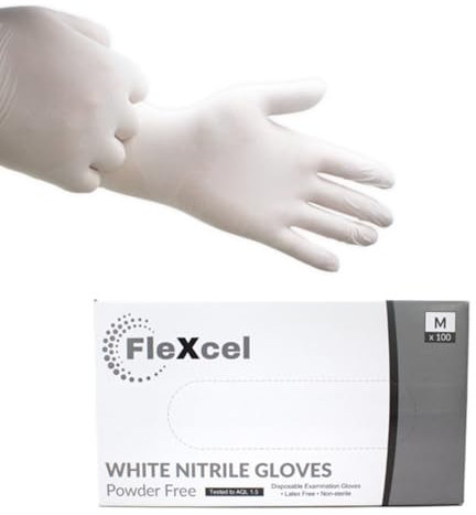 FleXcel White Nitrile Gloves (Box of 100) Size Medium - Multipurpose Powder Free, Latex Free, Medical Grade, Food Safe Examination Gloves - AQL 1.5 PPE Regulation 2016/425 Category III Certified