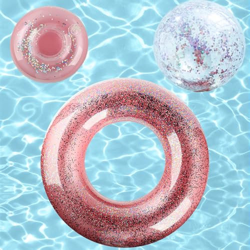 Gxhong Pool Schwimmring Wasserbälle mit Aufblasbarer Becherhalter, Aufblasbare Pailletten Wasserspielzeug, für Erwachsene Kinder Sommer Pailletten Pool Spielzeug(Rosa)
