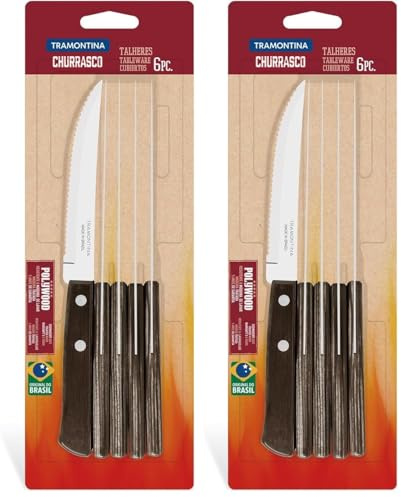 Tramontina Steakmesser Pizzamesser, Set 6-teilig, mit 6 Steakmessern aus Edelstahl, Echtholzgriff braun (Packung mit 2)