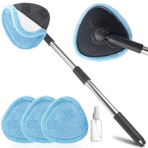 Funyord Nettoyeur Vitre Voiture 360° - Manche Télescopique 46-61,5 cm - 3 Pads Microfibre Épais Lavables - Kit Multifonction Intérieur/Extérieur
