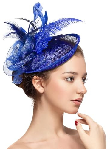Joyincoser Fascinator damhårprydnad med blomma, nät, organsband och fjädrar cosplay party (marinblå)