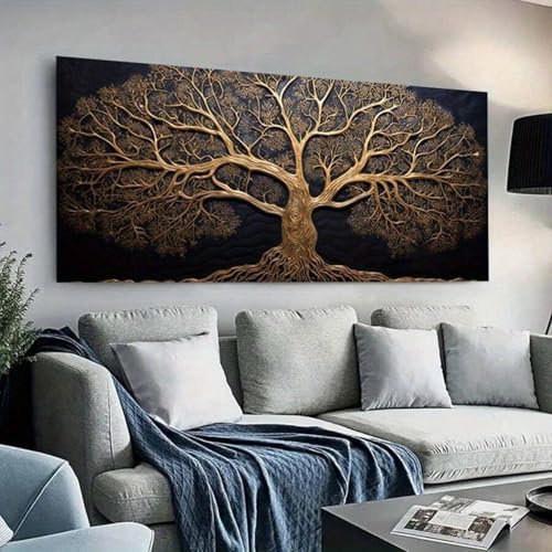 XINBAO Quadro su tela Albero della vita, decorazione da parete in oro e nero, per soggiorno e camera da letto, stampe artistiche in stile contemporaneo, 80x160 cm con cornice.