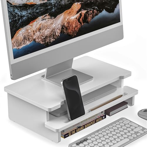 WELL WENG Monitorständer Monitorständer-Erhöhung für Schreibtisch, Holzregal für Schreibtisch mit Aufbewahrungsorganizer und Halterung für Smartphone und Tablet (42cm, weiß)