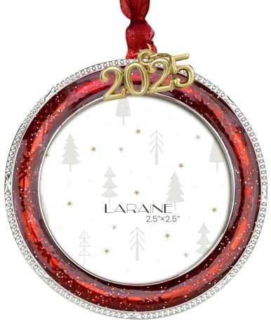 Laraine Christmas Tree Ornaments – Decorative Hanging 2025 Holiday Keepsake Gift Round Pendant with 2.5” Photo Frame Insert for Picture of Pet (Round Red (2025))