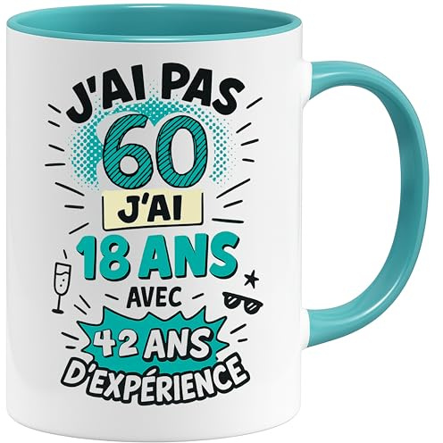 Jungle Mug | Mug 60 Ans Anniversaire Humour | Cadeau Original Femme Homme 60e Année | Tasse Drôle J’ai Pas 60 Ans – J’ai 18 Avec 42 Ans d’Expérience | Céramique, Blanc/Bleu, 330 ml