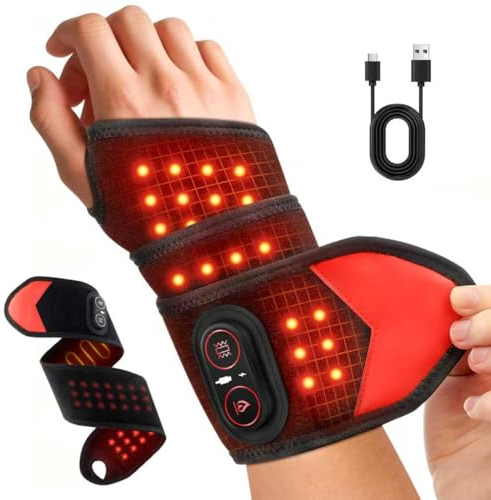 Cordless Wrist Heating Pad, Heating Wristband with Vibration, Red Light Heating Pad Wrap with 3 Heating and Vibration Modes, Multifunctional Heated Wrist Brace for Wrists Hands Knees Elbows Ankles