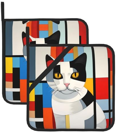 Set di 2 presine stampate con gatto in grado di proteggere piani di lavoro e tappetini da forno