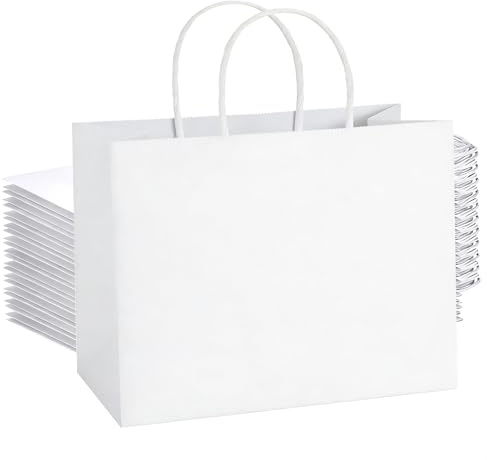 50 Bolsas Kraft Blancas Regalo Grande con Asas 27x12x21cm Para Fiestas | Bolsas Papel Resistentes y Reciclables, Ideales para Chuches, Embalaje de Regalo, Fiestas de Cumpleaños y Compras Cotidianas