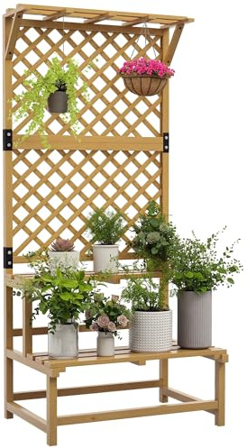 Outsunny Porta Piante da Esterno, Fioriera con Grigliato per Rampicanti in Legno di Abete, Scaffale Porta Piante con 2 Ripiani a Doghe e Barra Superiore, 75x50x166 cm, Giallo
