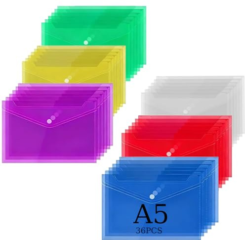 Ajxwde 36 Stück Dokumententasche A5, 6 Farbe Dokumententasche, mit Druckknopf Kunststoffmappe, Bunte Kunststoffhüllen für Dokumente Organisieren, Bürobedarf, Hausaufgaben