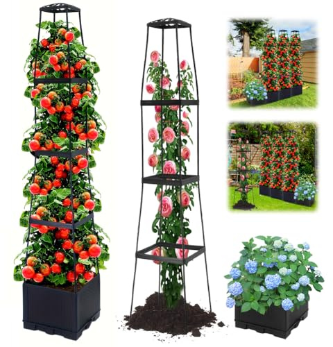 Corbeille de Jardin Élevée avec Treillis, Bac à Fleurs à 4 Niveaux avec Support Vigne pour Tomates, Concombres, Légumes, Balcon, Terrasse, Extérieur, Support Vigne Réglable
