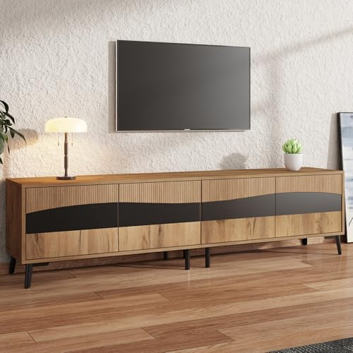 RAPRAP TV Schrank Holz, 180 cm Braun TV Lowboard für Fernseher bis zu 80 Zoll, Rattan Fernsehschrank mit Schranktüren, Schiebetüren, TV-Tisch für Wohnzimmer Schlafzimmer (L)