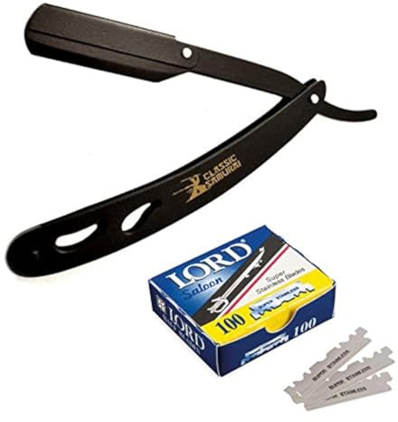 Classic Samurai CS-102 Stainless Steel Professional Barber Straight Edge Shavette Cut Throat Razor (Matte Black + 100 Lord Blades)