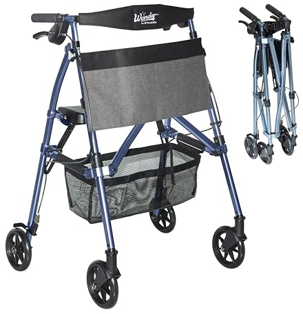 Stander Wonder Rollator Plus, Lightweight Folding Mobility Rolling-Walker, EZ Fold-N-Go-Rollator for Seniors and Adults, 6-inch Wheels, Locking Brakes and Padded Seat with Backrest, Cobalt Blue