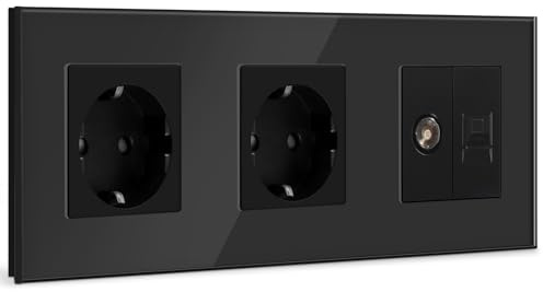 BSEED Schuko Steckdose mit 1/2 PC mit TV Schwarz Glas Panel Steckdose Glas TV antenna coaxial and RJ55 Cat5e Ethernet 16 Amp Steckdose 228mm Doppelt Wandsteckdose Verlängerungssteckdosen