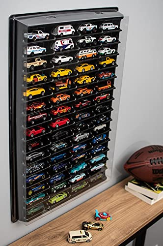 KB Tools Vitrine für Hot Wheels mit transparenter Abdeckung - Spielzeugregal mit 60 Steckplätzen - robuste Aufbewahrungsbox aus Kunststoff - modernes Design und Farben (schwarz)