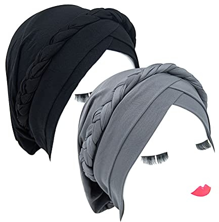 2PCS Women Turban Cap Twisted Braid Head Wrap Sleep Hat Headscarf Beanie Hair Loss Cap (Black + Grey)