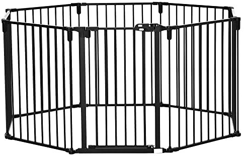 PawHut Barrière de sécurité barrière de Protection cheminée Parc enclos Chien Pliable modulable 8 Panneaux avec Porte sans perçage 482,5 x 76 cm Noir