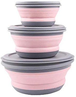 Razatik Ciotola pieghevole con coperchio, 3 pezzi, da campeggio, pieghevole, portatile, per campeggio, escursioni, cucina, scuola all'aperto (rosa)