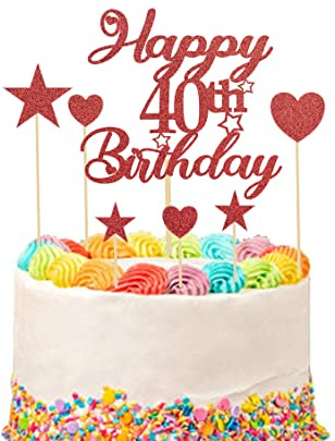 Happy 40th Birthday Cake Topper Set, 40th Birthday Cake Topper with Heart Star Cupcake Cake Topper Picks Glitter Cake Decoration for Birthday Party Cake Supplies - 9pcs (Red)