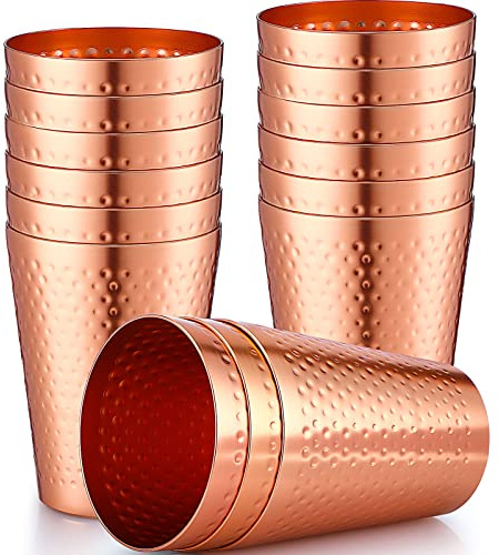 Nuogo 12 Pieces Aluminum Drink Cup, Copper Water Tumblers,14 oz Metal Cups for Drinking, Hammered Surfaces Mirror Finish Stackable Cold Drink Glasses for Red or White Wine Iced Coffee and Moscow Mules
