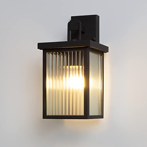 DAWALIGHT Aplique de Pared Exterior Rectangular, Farol Exterior Pared Negro, Vidrio Acanalado, Base E27, Lámpara para Jardín Patio Porche Entrada