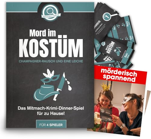 Krimi-Dinner: Mord im Kostüm – Champagner-Rausch und eine Leiche – für zuhause - 4 Personen – Krimidinner für Erwachsene – mysteriös, Weihnachten, Silvester