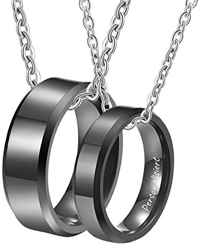 KnSam Wolfram Partner Ketten mit Gravur Ringe Anhänger, 2er Partner Kette Personalisiert Poliert, Schwarz für Frauen Männer (Breite 6/8MM, Länge 60cm/ 50cm, Damen 54 Herren 62)
