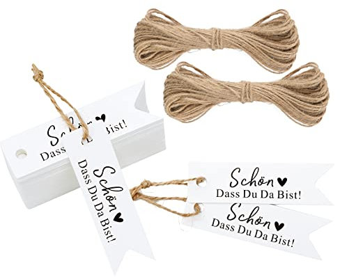 jijAcraft 100 Stück Geschenkanhänger SCHÖN DASS DU DA BIST Kraftpapier Anhänger Hochzeit - 7 * 2CM mit Jute Schnur Hangtag Anhänger Etiketten Tags - für Hochzeitsdeko DIY