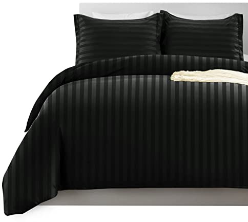 Imperial Rooms Satin Stripe Double Duvet Set - Premium Hotel Quality Quilt Cover Double Bedding Set 3 Pcs - Ultra Soft Double Duvet Cover With Button Closure (Black 200x200 Cm)