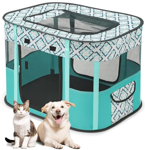 ALLSOPETS Welpenauslauf Faltbar, Laufstall für Hunde, Grün Kariert, XL | Tragbarer Welpenlaufstall für Hunde und Katzen mit Tragetasche, Indoor Outdoor Hundebox für Reisen, Camping und Zuhause