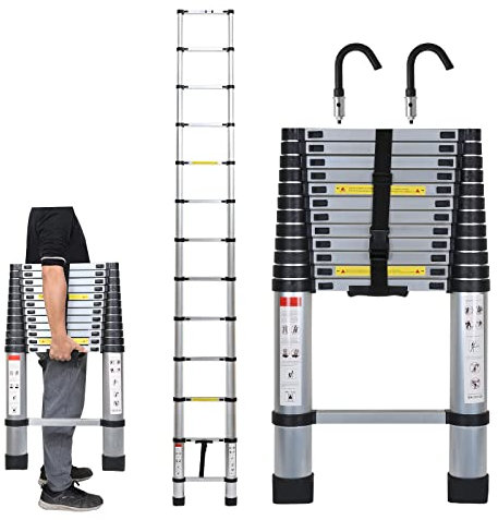 Ansobea Scala telescopica in alluminio allungabile, portata massima di 150 kg, scala telescopica antiruggine, alta sicurezza, 2,6 m, con 2 ganci, YXXYSSTL07