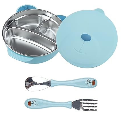 ufengke Stainless Steel Baby Feeding Bowl, Toddler Suction Plate with Lid Spoon and Fork, Perfect for Children (Blue)
