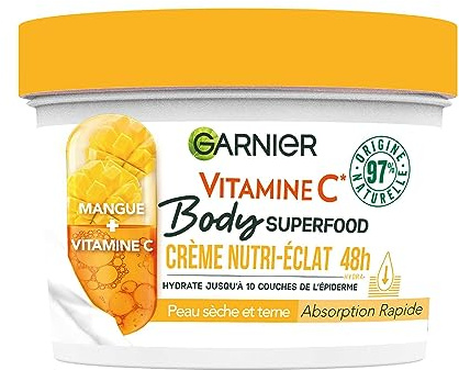 Garnier Body Superfood - Crème Corps Nutri-Éclat - Vitamine C & Mangue - 100H d'Hydratation - 97% d'Ingrédients d'Origine Naturelle - Pour Tous Types de Peaux - 380 ml