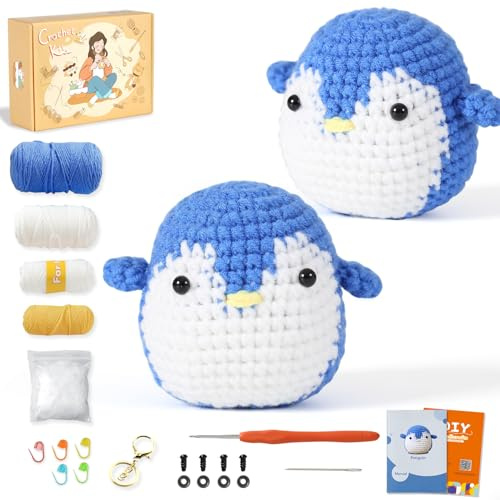 Ktmeor Häkelset für Anfänger, Häkelset mit Schritt-für-Schritt-Video-Tutorials, Häkel-Starter-Set für Erwachsene und Kinder, 40% extra Übungsgarn - Pinguin