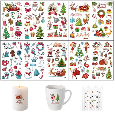 Kerzentattoos Weihnachten Wassertransferdruck, 10 Stück Kerzen Tattoo Folie Wasserschiebefolie Kerzen Dekorieren, Kerzenaufkleber Sticker, Kerzensticker Sprüche zum Verschenken,für Kerzen/Keramik