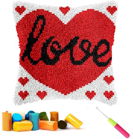 CCWORAN Love Latch Hook Cushion Kits for Adults Beginners Kids Pillow Cover Making Crochet Craft Kits Pre Printed Canvas Wool Yarn Hobbies DIY Sofa Home Decor Women Gift 17x17inch 8