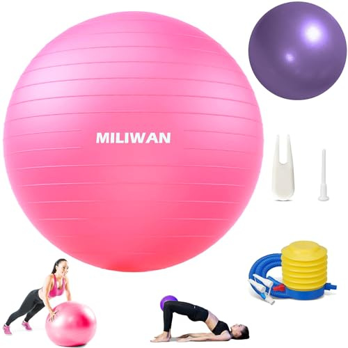 MILIWAN Palla Fitness e Palla Pilates Set di 2 Palle 65cm e 25cm Palla da Ginnastica per Fitness Yoga e Pilates Incluso il Gonfiatore (Rosa e Viola)