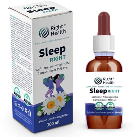 SLEEP RIGHT: Valériane, Ashwagandha, Camomille et Mélisse 100 ml gouttes. Complément pour le sommeil, le stress et l’anxiété. Relaxation naturelle sans gluten, lactose et alcool.