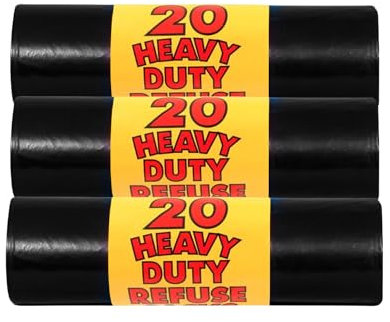 60 Heavy-Duty Waste Bags (3 Rolls, 20 Bags Per Roll, 75 Litre) Large Reusable Sacks for Home, Garden, and Commercial Use - Durable and Tear Resistant