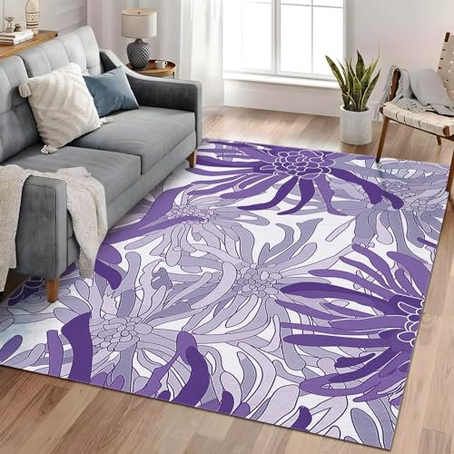 Waschbarer Lila Chrysantheme Teppich - rutschfest, Kurzflor, Flauschig Zusammenklappbar Schmutzabweisend- Teppich Für Wohnzimmer und Schlafzimmer Spielzimmer 160cm x 230cm