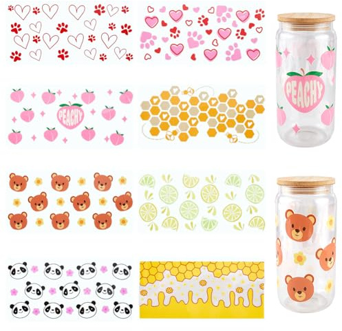 SOFPLATE 8 Stück 8 Stile Transferaufkleber Für Tassen uv dtf Transfer Aufkleber Becher Kunststoff Zitrone Pfirsich Bär Panda Herzen Honigwabe Wasserfeste Aufkleber Für Trinkgläser Holzdekoration
