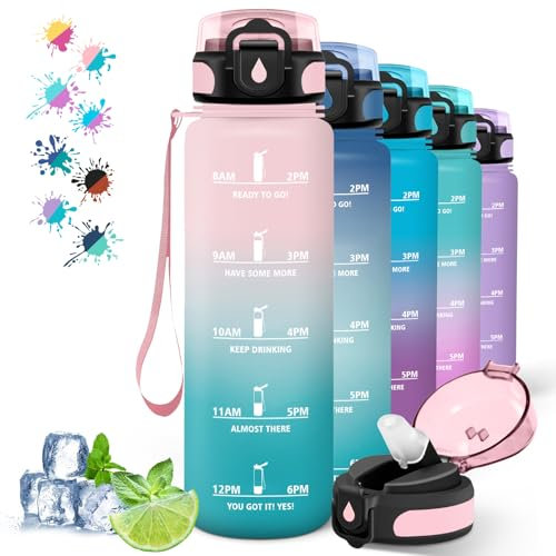 Borraccia 1 Litro, Bottiglie Palestra Senza Perdite, Borraccia Motivazionale con Scala Temporale, Borracce con Cannuccia, Facile da Pulire, Borracce per Sport, Escursionismo, Ciclismo, Rosa-Verde