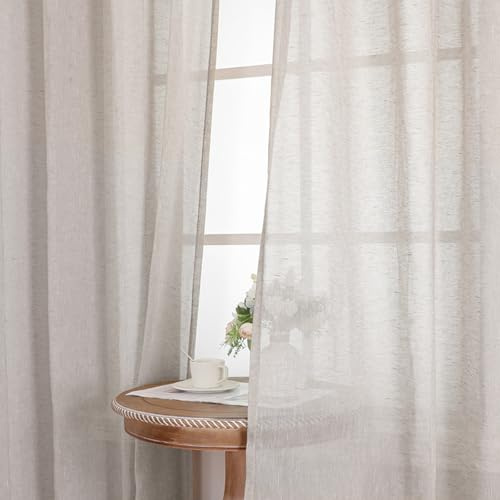 BellaHills Cortinas de Lino Natural Translúcido 140x122cm,Cortinas Cortas para Ventanas Visillo Blanco Semi Transparente para Salón y Dormitorio,Lino