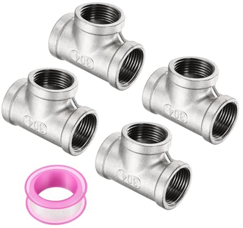 QUARKZMAN 4 Pcs Racores en T de Acero Inoxidable 304 G3/4 Hembra, Adaptador en T de 3 Vías para Sistemas de Plomería, Drenaje y Calefacción, Incluye Cinta Selladora