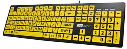TechSilver Large Print Keyboard – High Contrast Yellow on Black – Wired USB for Visually Impaired & Seniors - UK Layout